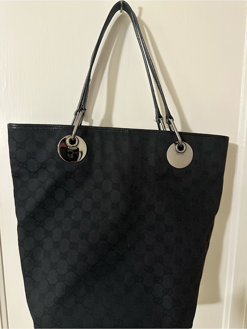 Gucci Black GG Monogram Canvas Tote with Silver-Tone Rings